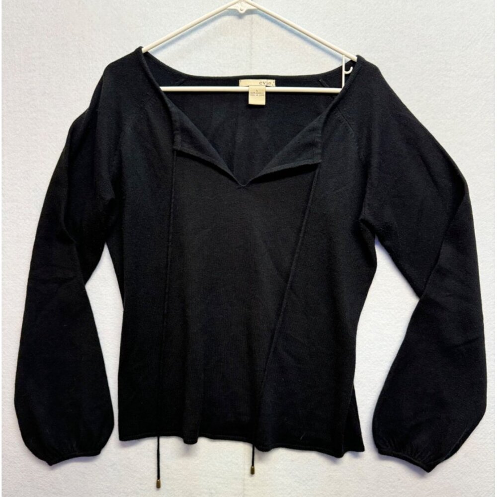 Evie Long Sleeve Sweater Blouse V-Neck Tie  Black Lightweight Soft Size Large